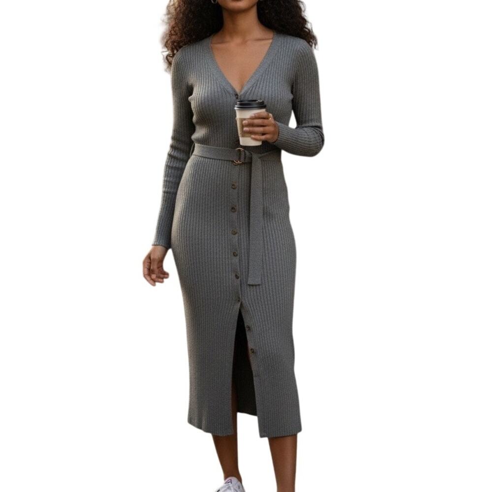 Gray Ribbed Knit Bodycon Sweater Dress Belted High Low Slit Long Sleeve Large